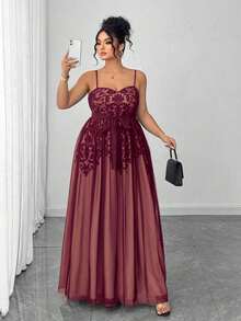 Vestido elegante de mujer talla grande con malla negra, forro nude y estampado de encaje, sofisticado y grácil, adecuado para volver al colegio, graduación, San Valentín, festival de música, Día de la Madre, Halloween, Acción de Gracias, Pascua, Baile de graduación, cita, temporada de bodas, salida al aire libre - Burdeos - Ver 3
