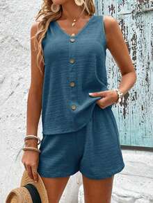 LUNE Conjunto De Camiseta Sin Mangas Y Pantalones Cortos De Color Sólido Para Mujer Con Cuello En V - Azul - Ver 6