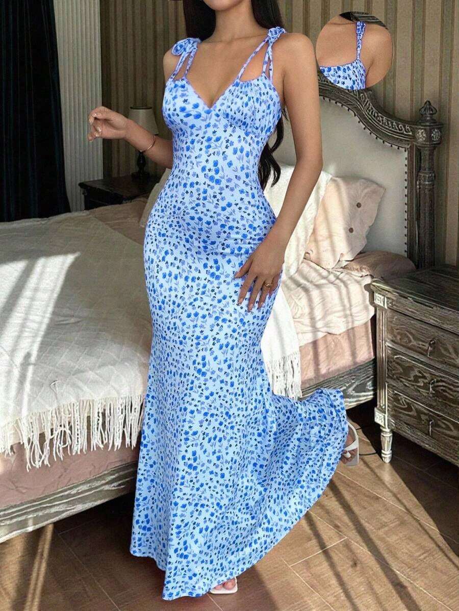Vestido elegante ajustado con estampado floral diminuto, detalle de lazo y bajo de cola de pez para mujer - Multicolor 3 - Ver 1