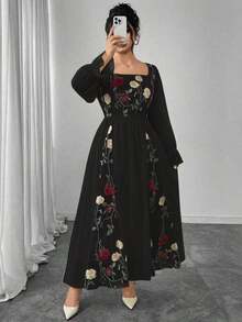 Vestido de mujer de talla grande con parches de malla y bordado floral elegante - Negro - Ver 6