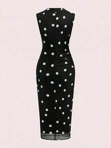 xheEllevyn Vestido elegante de longitud media con pliegues y estampado de lunares para mujerxhe - Blanco y Negro - Ver 4
