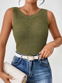Frenchy Chaleco de suéter sin mangas retorcido de punto sólido para mujeres, casual y versátil para atuendos diarios - Verde militar - Ver 5