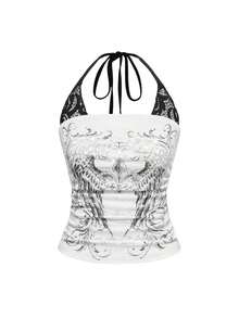 Conjunto de concierto Y2K para mujer, top corto de algodón con contraste de encaje y estampado de calavera punk en 2 en 1 - Blanco - Ver 5