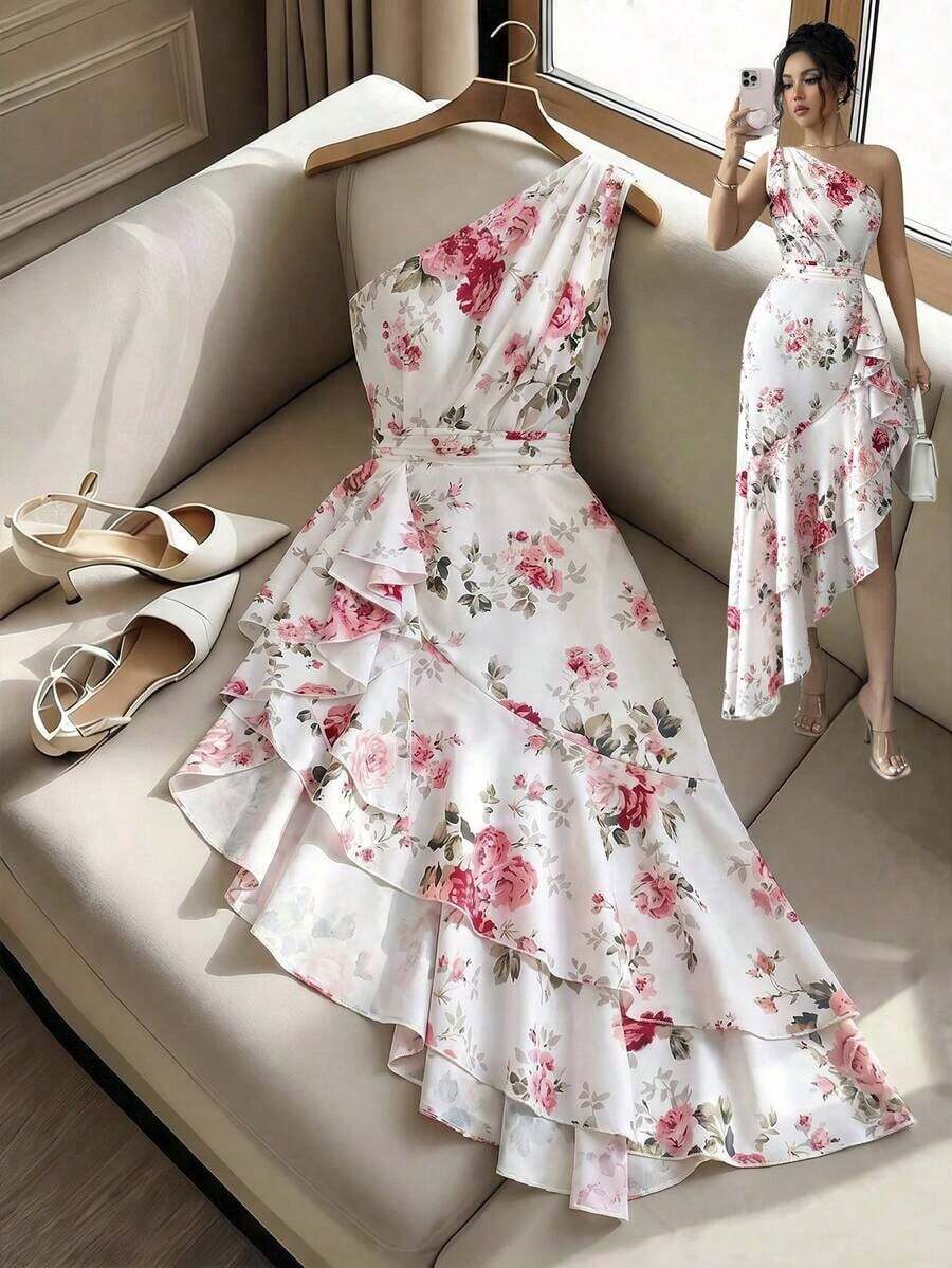 Vestido de mujer con estampado teñido borroso de un solo hombro con diseño de volante de dobladillo irregular, vestido de primavera/verano, vestido con diseño de dobladillo irregular, elegante y de moda, adecuado para uso diario, bodas, banquete - Rosa - Ver 1