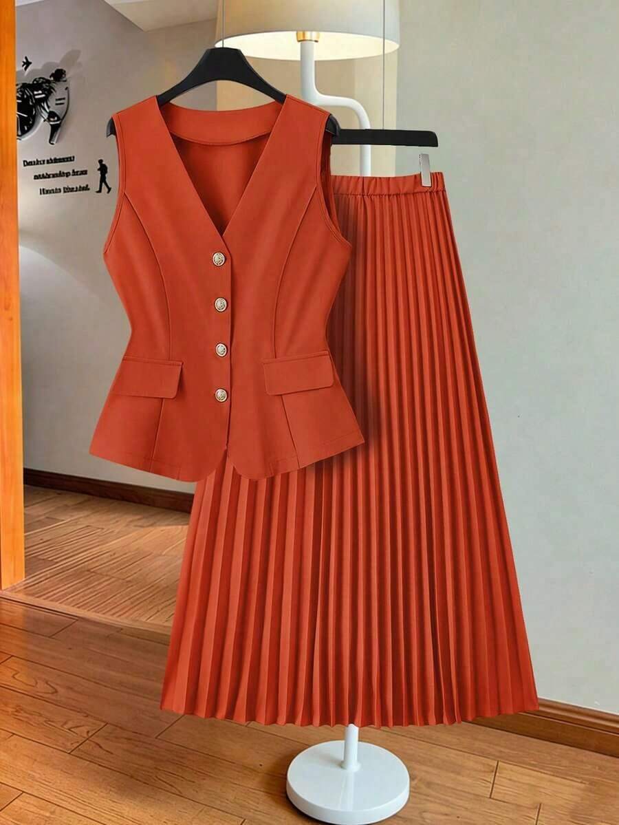 Conjunto de 2 piezas de chaleco sin mangas naranja con hebilla metálica y bolsillos falsos, que ciñe la cintura + falda larga plisada de talla grande para primavera/verano - Naranja - Ver 1