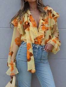 Camisa casual con botones, con volantes, estampado floral diminuto y decoración de perlas, ideal para primavera y vacaciones - Naranja - Ver 5