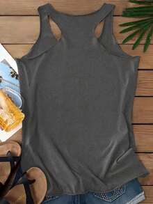 Camiseta de tirantes casual con estampado de flor de loto, apropiada para el verano - Gris Oscuro - Ver 2