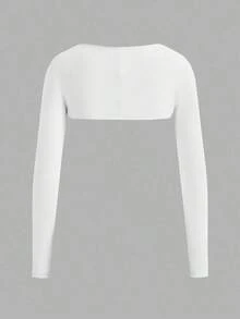 Blusa de manga larga ajustada y corta de unicolor para mujer - Blanco - Ver 2