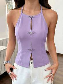 Top de tirantes de corte regular y unicolor sin mangas y escote trasero para mujer - Lila Púrpura - Ver 6