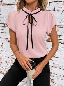 Camisa de mujer de manga corta, con lazo, volantes, a cuadros, elegante y casual para vacaciones y picnic, primavera/verano - Rosa - Ver 7