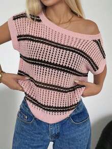 Jersey informal asimétrico de manga corta y hombros descubiertos con escote transparente en color negro - Rosa - Ver 9