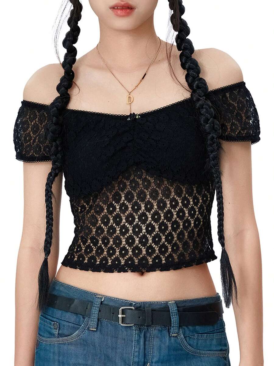 Women's Lace Crop Tops Basic Off Shoulder Short Sleeve Solid Color Slim Fit T-Shirts Ladies Tops - Black - View 1