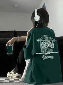 Women's Graphic T-Shirt With Y2K-Inspired Print, Round Neck And Short Sleeves, Ideal For Spring/Summer/Autumn, With Mountain And Star Design, Brown Color. - Dark Green - View 4