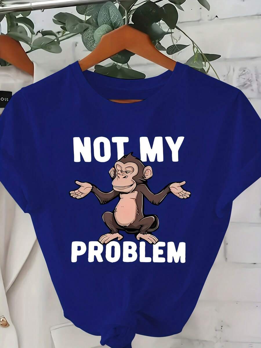Plus Size - Plus Size - Women's Plus Size 0-8XL Casual And Stylish Printed T-Shirt, Fashionable Base Layer For Everyday Outings, Unique Design Suitable For All Seasons, Comfortable Fit, Women's T-Shirt With The Slogan "Not My Problem", Casual Crew Neck - 皇家藍 - 查看 1