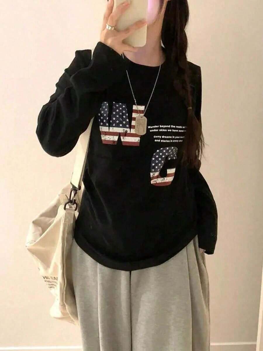 Camiseta de manga larga personalizada para mujer Z-Gen, nueva colección de primavera, con estampado de la bandera estadounidense, cuello redondo informal, versátil para usar en capas, negra - Camiseta unisex de manga corta, cuello redondo, de algodón suelto, estilo vintage urbano. - Negro - Ver 1