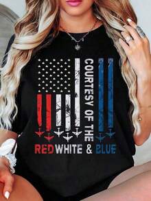 Vintage Women's T-Shirt With American Flag, Military Airplanes, And Red And Blue Text For Patriotic Events, New 2026 Independence Day Graphic Tee, Cute Women's Blouses, Women's Summer Clothes, Graphic Tee - 黑色 - 查看 3