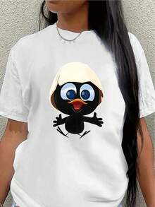 This Lightweight And Durable Short-Sleeved T-Shirt Features A Cute Bird Design And Is Perfect For Lounging At Home Or Wearing Out To Restaurants, Offering A Comfortable Everyday Wear Experience. Women's Blouses > Clothing - 白色 - 查看 1