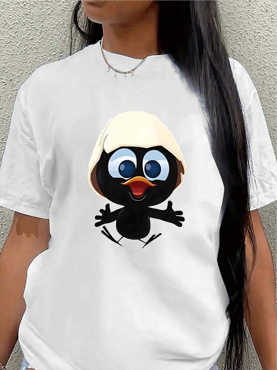 This Lightweight And Durable Short-Sleeved T-Shirt Features A Cute Bird Design And Is Perfect For Lounging At Home Or Wearing Out To Restaurants, Offering A Comfortable Everyday Wear Experience. Women's Blouses > Clothing - 白色 - 查看 1
