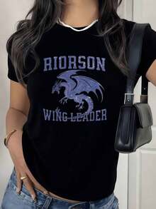 100% Cotton. Winged Dragon Print Symbolizing Power, Leadership, And Courage, Accompanied By Inspiring Text In Contrast. Women's T-Shirt, 100% High-Quality Cotton, Comfortable Fit, Ideal For Everyday Wear. Women's Simple Solid Color T-Shirt, Loose And Slim Fit Casual Short Sleeve - 黑色 - 查看 1