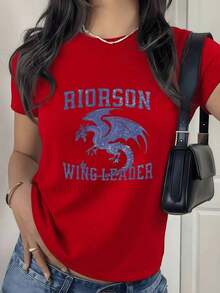 100% Cotton. Winged Dragon Print Symbolizing Power, Leadership, And Courage, Accompanied By Inspiring Text In Contrast. Women's T-Shirt, 100% High-Quality Cotton, Comfortable Fit, Ideal For Everyday Wear. Women's Simple Solid Color T-Shirt, Loose And Slim Fit Casual Short Sleeve - 紅色的 - 查看 10