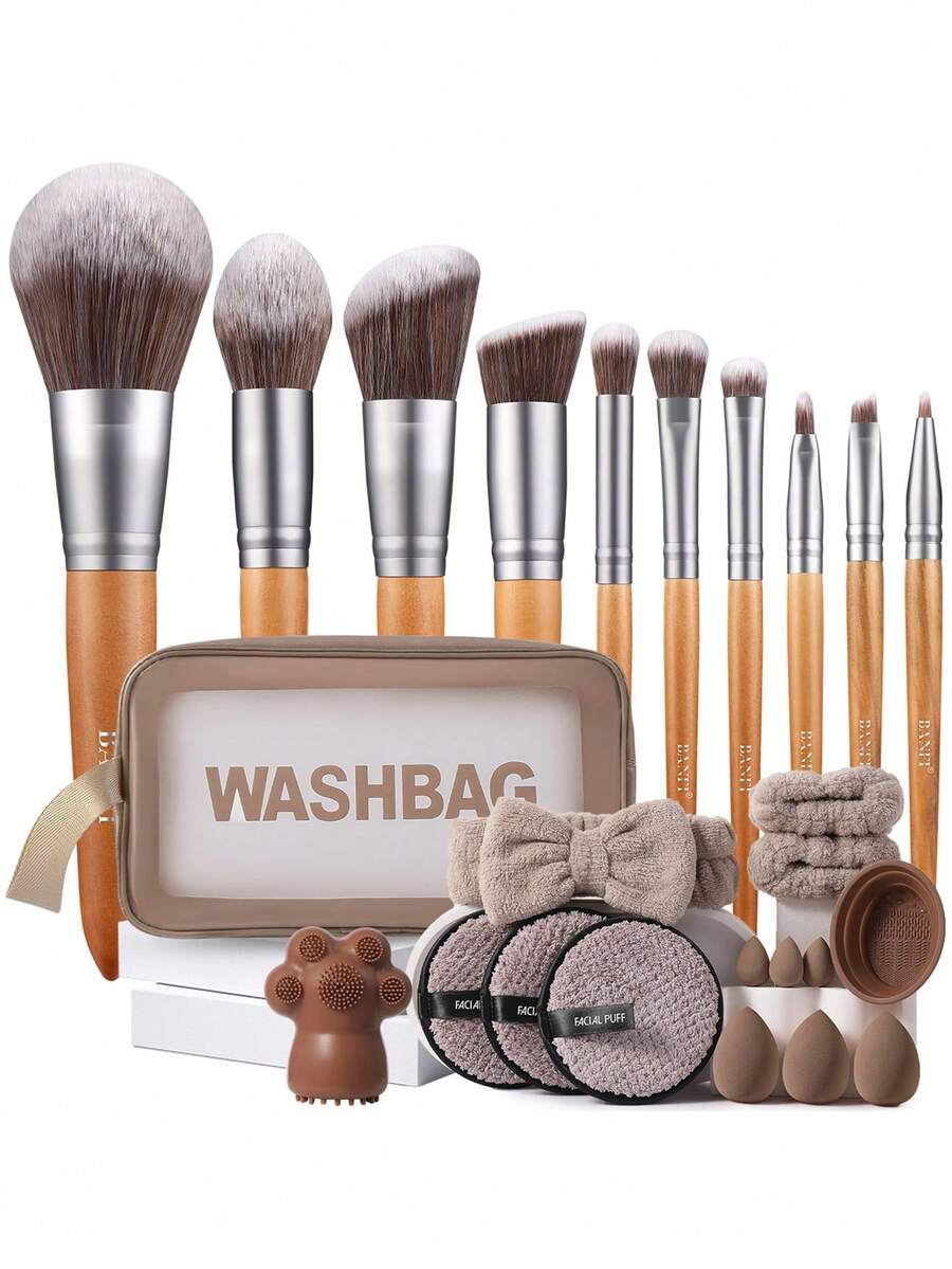 Bộ dụng cụ trang điểm đa năng 25 món, gồm 10 cọ trang điểm, túi đựng mỹ phẩm chống thấm nước có khóa kéo, băng đô cài tóc, dây đeo cổ tay, dụng cụ vệ sinh cọ, cọ rửa mặt hình móng mèo bằng silicon, bông mút rửa mặt, bông mút trang điểm cỡ tiêu chuẩn và cỡ nhỏ dành cho người mới bắt đầu. - Nhiều màu - Xem 1