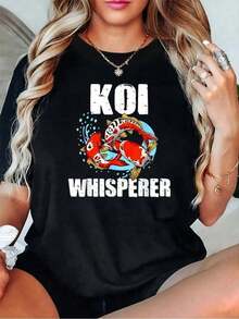 Cotton T-Shirt With Koi Print For Men And Women, A Gift For Koi Fish Lovers. Soft, Short-Sleeve, Stylish And Comfortable Crew Neck Summer T-Shirt. Printed T-Shirts. Cool Summer Clothing For Women. - 黑色 - 查看 6