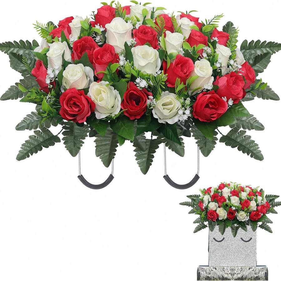 Saddle-Style Cemetery Flowers For Tombstones, Artificial Memorial Flowers For Graves And Headstones, Windproof Fade-Resistant All-Weather Decor With Adjustable Grips - Multicolor - View 1