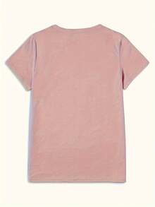 Cute Dwarf Heart-Shaped Roses Print T-Shirt, Short Sleeve Crew Neck Casual Top For Summer & Spring, Women's Clothing Birthday Presents Holiday Presents - 粉色 - 查看 2