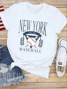 Women's Casual T-Shirt, New York Baseball Print, Lightweight, Crew Neck, Short Sleeve, Summer Vacation Wear, Suitable For Festivals And Everyday Wear, 100% Cotton, Durable - 白色 - 查看 7