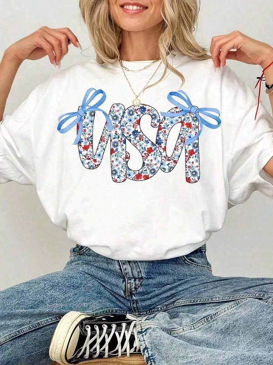 Women's T-Shirt - Patriotic American Flag Floral Print T-Shirt With Ribbon - 4th Of July Independence Day Design, Lightweight And Breathable, Crew Neck, Short Sleeve, Casual Style, Machine Washable, Festive Outfit, Soft Material, Printed, Suitable For Festive Occasions, T-Shirt - 白色 - 查看 1