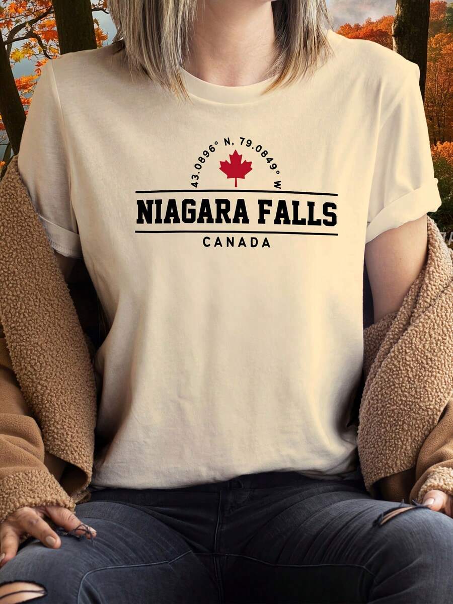 Women's Premium Summer T-Shirt With Niagara Falls Coordinates Print, Niagara Falls Coordinates Letter Pattern T-Shirt, Canada, Casual Short Sleeve Round Neck T-Shirt For Summer And Spring, Women's Clothing. - 杏色 - 查看 1