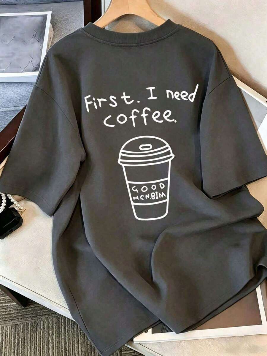 Women's T-Shirt With Graphic Print "First. I Need Coffee." Round Neck And Short Sleeves, Relaxed And Casual Fit, Versatile, Suitable For Everyday Wear And Summer Holidays - 深灰色 - 查看 1