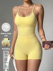 Conjunto informal de verano de 2 piezas para mujer Aoqta Sports, unicolor, camiseta sin espalda ajustada y sexy con acolchado, y shorts de cintura alta con control de abdomen, adecuado para yoga, correr, entrenamiento y uso diario - Amarillo claro - Ver 4