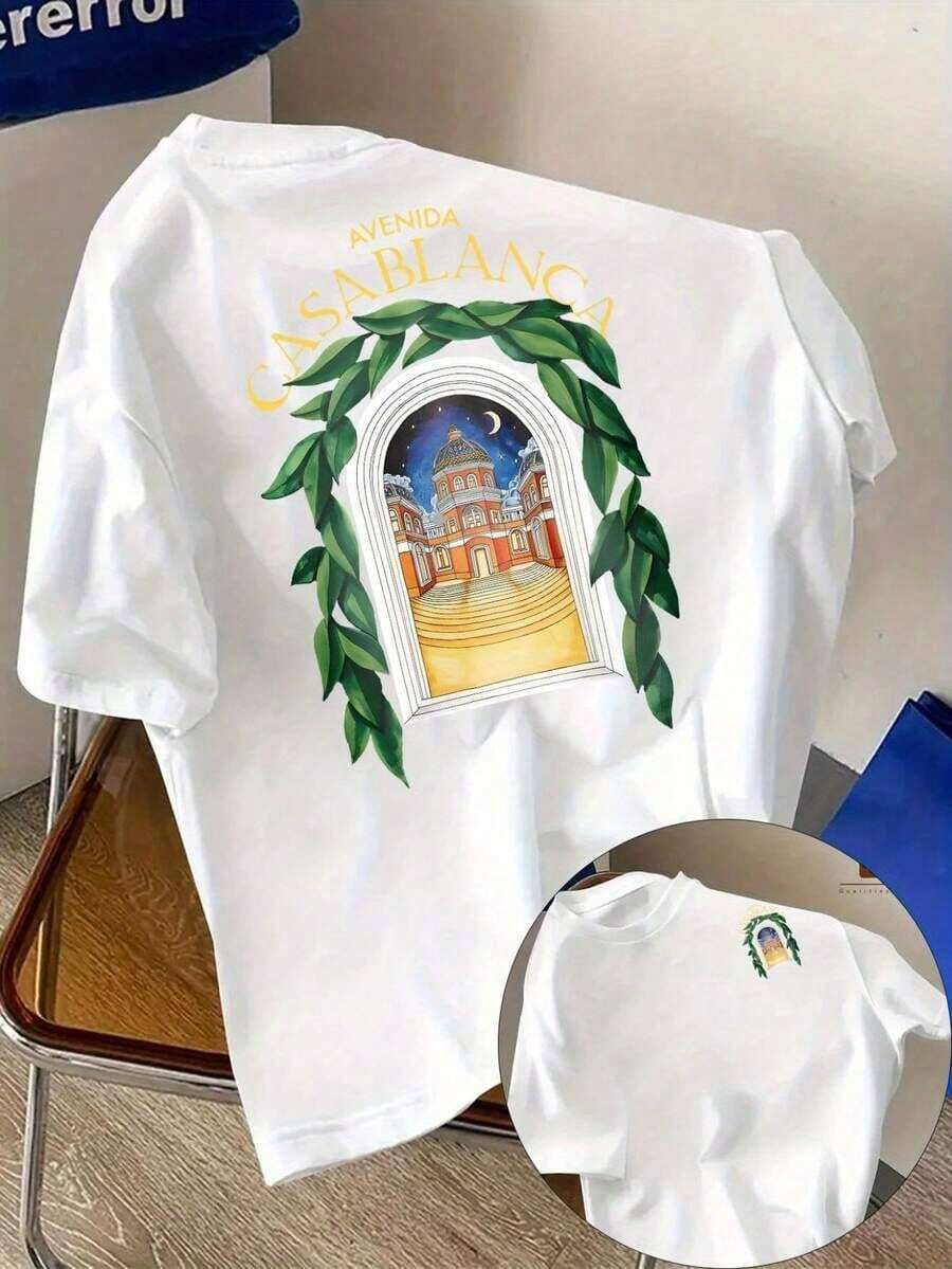 Vintage Men's T-Shirt With Double-Sided Print Of Avenida Graphic Landscape Art, Breathable Polyester Crew Neck T-Shirt For Streetwear, Casual Style, Soft Texture, Stylish - 白色 - 查看 1