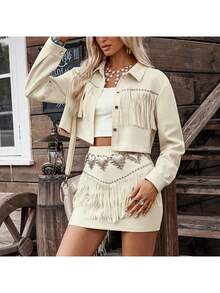 Loose-Fitting Faux Suede Jacket With Fringe, New Autumn Winter Spring 2026 Collection, European American Style - Light Khaki - View 4