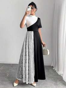 Vestido elegante de mujer con panel de encaje y bloques de color - Blanco y Negro - Ver 3