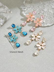1 Pair Women's Fashionable Floral Crystal Embellished Long Earrings, Suitable For Summer Vacation Wear - Multicolor - View 4