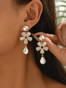 1 Pair Women's Fashionable Floral Crystal Embellished Long Earrings, Suitable For Summer Vacation Wear - Multicolor - View 8