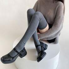 1 par de calcetines por encima de la rodilla de ajuste delgado de unicolor negro y gris, para otoño/invierno - Negro - Ver 7