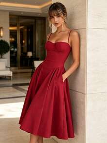 Women's Strapless Dress In A Solid Color, Inspired By Vintage Style, With A Shaping Bustier Design, Fitted To The Body, Suitable For Everyday Wear, Parties, Or Special Occasions. - 紅色 - 查看 6