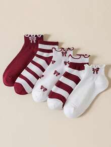 5 Pairs Women's Sweet Bow Pattern Frill Trim Breathable Short Socks, Everyday Wear - Multicolor - View 2