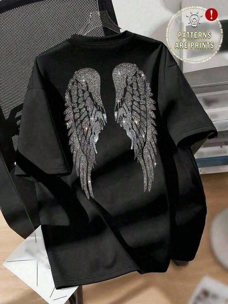1 Piece Of Fashionable White Women's T-Shirt With Shiny Angel Wing Design, Casual Short Sleeve Round Neck Blouse, Suitable For Spring/Summer, Women's Clothing, 180g 100% Cotton. - 1 - 查看 1