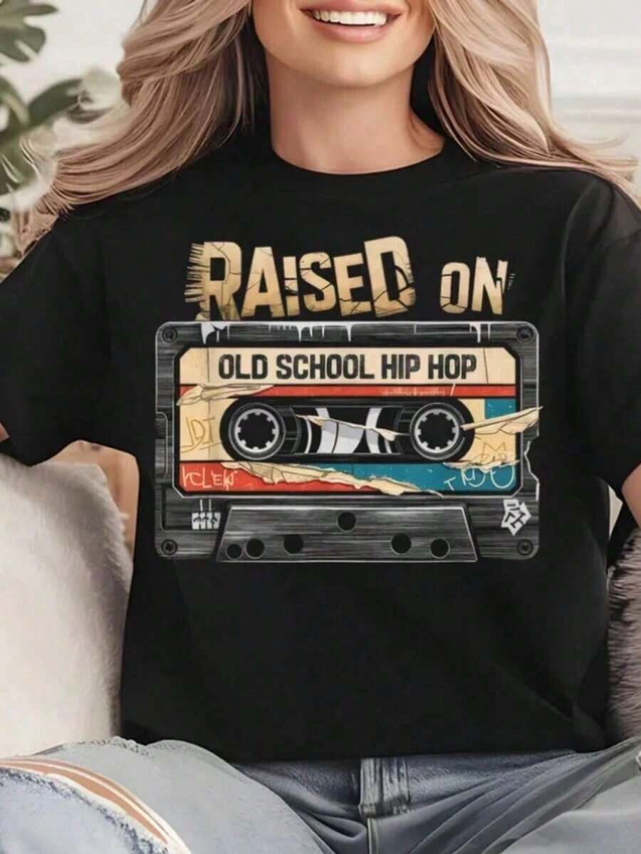 1 Piece "Raised On Old School Hip Hop Retro Caste Tape PNG" T-Shirt, For 90s Music Lovers, Vintage Hip Hop Gift, 180g 100% Cotton. - 黑色 2 - 查看 1
