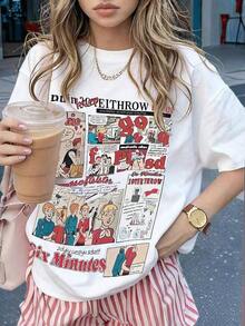 1 Piece, New Summer 2026 Collection, Women's Short Sleeve Crew Neck T-Shirt, Cartoon Letter Print, Casual Loose And Versatile Top, Fashionable Everyday Wear, Vintage Urban Style White, Unisex Cotton Loose Short Sleeve Crew Neck T-Shirt, Sizes: S–7XL; Ships In 24 Hours 180g 100% Cotton - 白色 - 查看 8