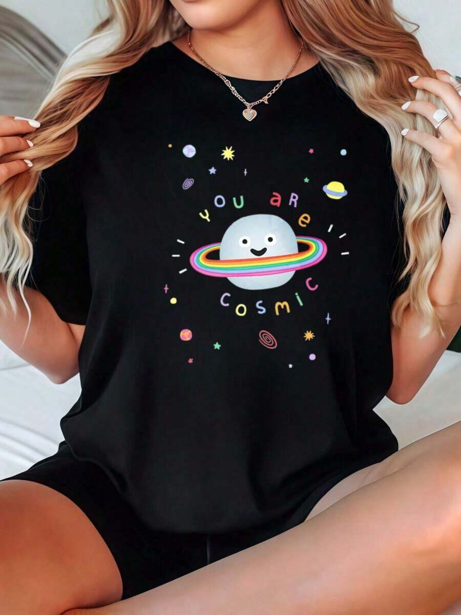 Women's-Shirts You Are Cosmic Planet With Rings%, Breathable Casual Blouses For Women - Black - View 1