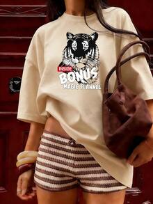 Black And White Tiger Head T-Shirt With "BONUS" Text.  Short-Sleeved T-Shirt For Spring And Summer 2026, Made In Mexico, 180 Grams. Cartoon Print, Couple Design, Suitable For Indoor Or Outdoor Wear. Crew Neck, Unisex, Ideal For Office And Leisure. One-Pack. - APR-P631577SLNDXZGY647 - 查看 3