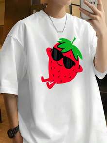 Fashion Printed T-Shirts For Women, Oversized Streetwear Tops, Comfortable And Stylish All-Match Summer Tees, Cotton Casual T-Shirt, Cute Strawberry Fruit Relaxing Lazy Strawberry Graphic T-Shirt For Women And Men - 白色 - 查看 1