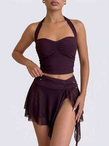 Sedessea Ensemble de maillot de bain bikini 3 pièces pour femmes 2026 Printemps/Été, top court marron unicolore, camisole ajustée, short, rendez-vous, festival de musique, plage élégante - Marron - Voir 2