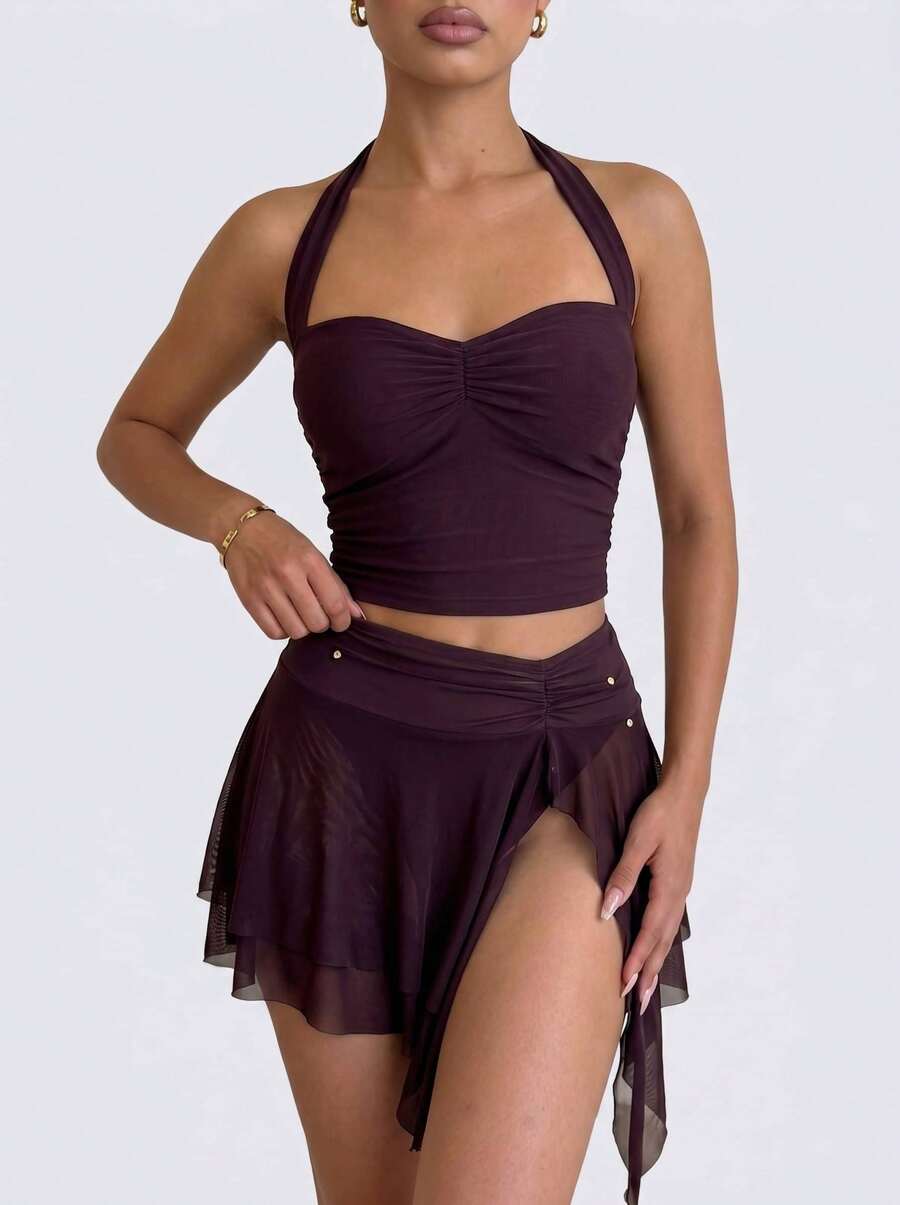 Sedessea Ensemble de maillot de bain bikini 3 pièces pour femmes 2026 Printemps/Été, top court marron unicolore, camisole ajustée, short, rendez-vous, festival de musique, plage élégante