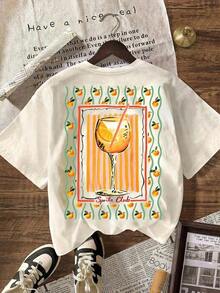 Camiseta Casual de Verano para Mujer con Estampado de Frutas y Patrón de Club de Bebidas, Cuello Redondo, Manga Corta, para Vacaciones de Verano - Albaricoque - Ver 2